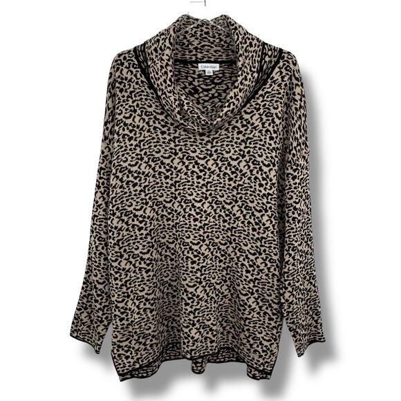 Calvin Klein sweater large cowl neck pullover leopard print tunic black tan - Picture 1 of 8